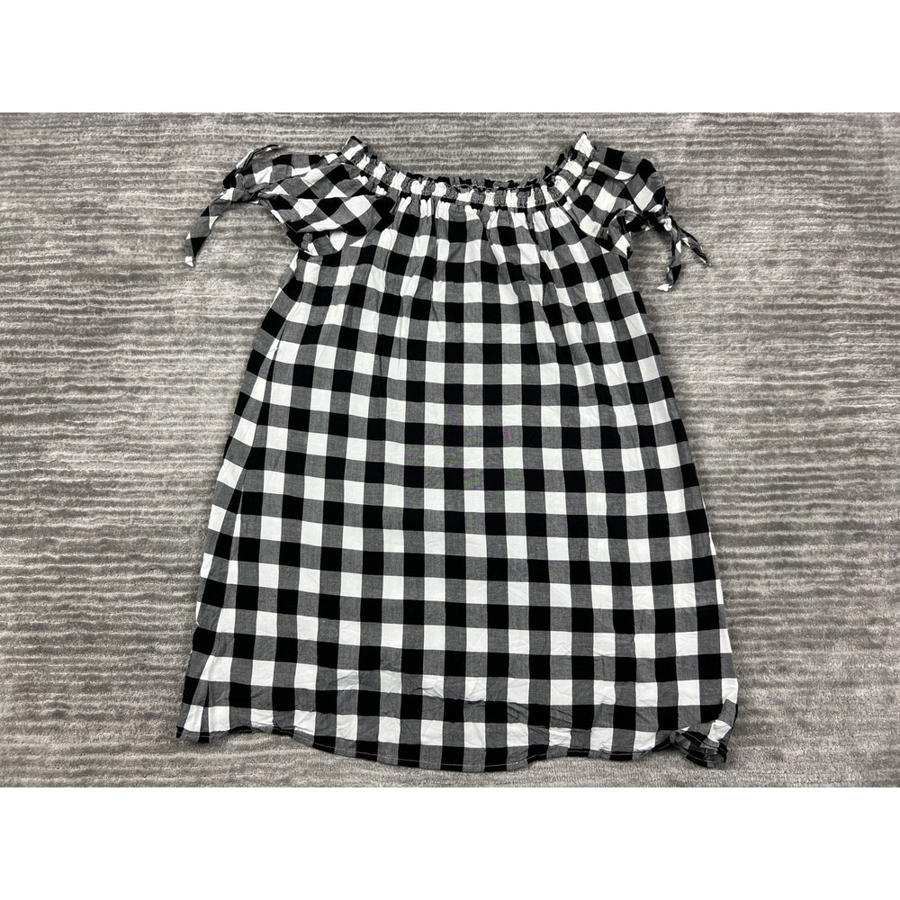 LOFT Dress Womens Small Black White Gingham Off The Shoulder Tie Sleeve Shift